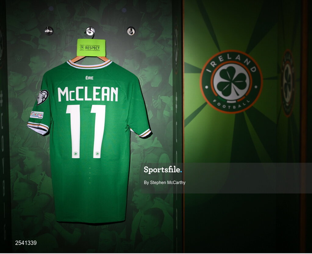 19 June 2023; The jersey of Republic of Ireland captain James McClean hangs in the dressing room before the UEFA EURO 2024 Championship qualifying group B match between Republic of Ireland and Gibraltar at the Aviva Stadium in Dublin. Photo by Stephen McCarthy/Sportsfile