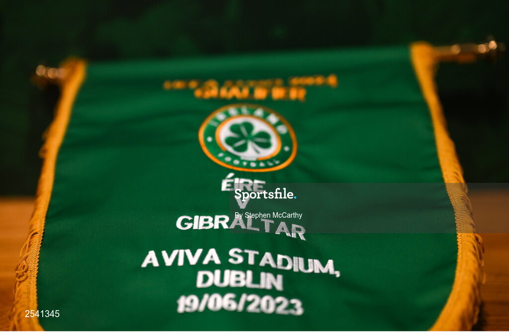 19 June 2023; The Republic of Ireland pennant hangs in the dressing room before the UEFA EURO 2024 Championship qualifying group B match between Republic of Ireland and Gibraltar at the Aviva Stadium in Dublin. Photo by Stephen McCarthy/Sportsfile