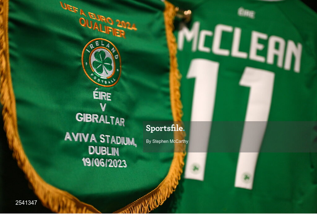 19 June 2023; The jersey of Republic of Ireland captain James McClean hangs in the dressing room alongside the Republic of Ireland pennant before the UEFA EURO 2024 Championship qualifying group B match between Republic of Ireland and Gibraltar at the Aviva Stadium in Dublin. Photo by Stephen McCarthy/Sportsfile