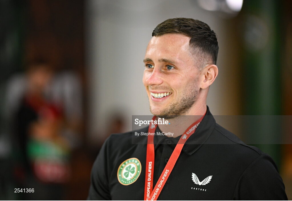 19 June 2023; Alan Browne of Republic of Ireland arrives before the UEFA EURO 2024 Championship qualifying group B match between Republic of Ireland and Gibraltar at the Aviva Stadium in Dublin. Photo by Stephen McCarthy/Sportsfile