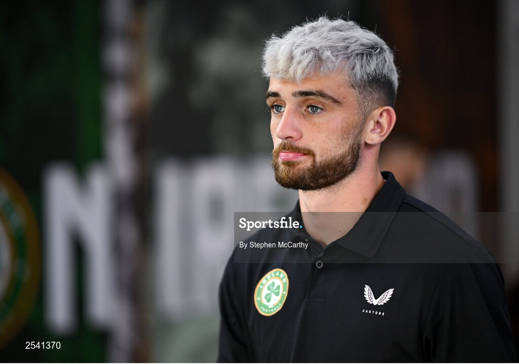 19 June 2023; Troy Parrott of Republic of Ireland arrives before the UEFA EURO 2024 Championship qualifying group B match between Republic of Ireland and Gibraltar at the Aviva Stadium in Dublin. Photo by Stephen McCarthy/Sportsfile