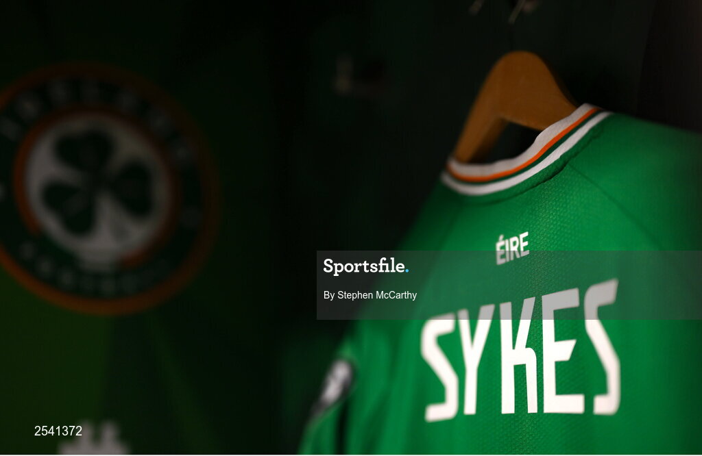 19 June 2023; The jersey of Republic of Ireland's Mark Sykes hangs in the dressing room before the UEFA EURO 2024 Championship qualifying group B match between Republic of Ireland and Gibraltar at the Aviva Stadium in Dublin. Photo by Stephen McCarthy/Sportsfile