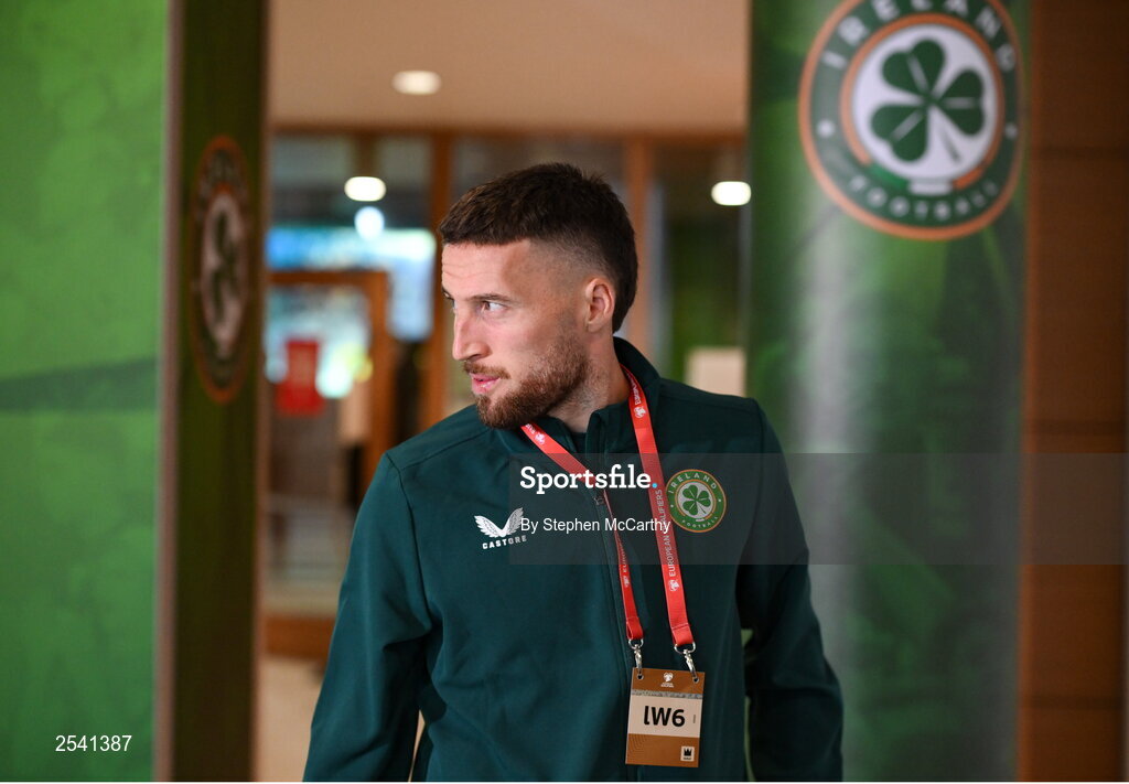 19 June 2023; Matt Doherty of Republic of Ireland arrives before the UEFA EURO 2024 Championship qualifying group B match between Republic of Ireland and Gibraltar at the Aviva Stadium in Dublin. Photo by Stephen McCarthy/Sportsfile