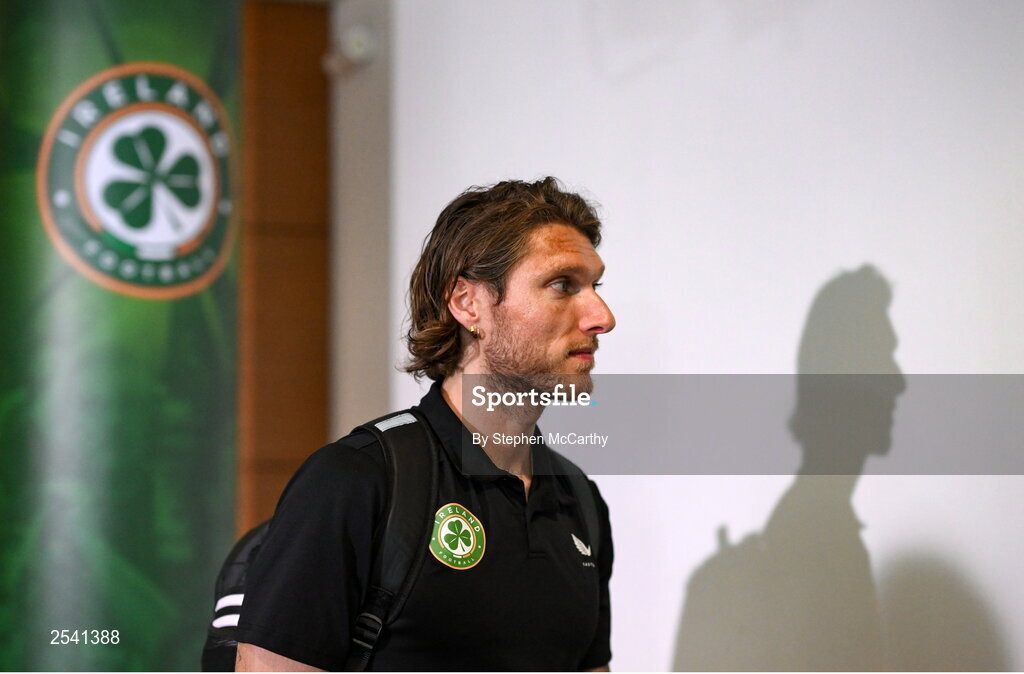 19 June 2023; Jeff Hendrick of Republic of Ireland arrives before the UEFA EURO 2024 Championship qualifying group B match between Republic of Ireland and Gibraltar at the Aviva Stadium in Dublin. Photo by Stephen McCarthy/Sportsfile