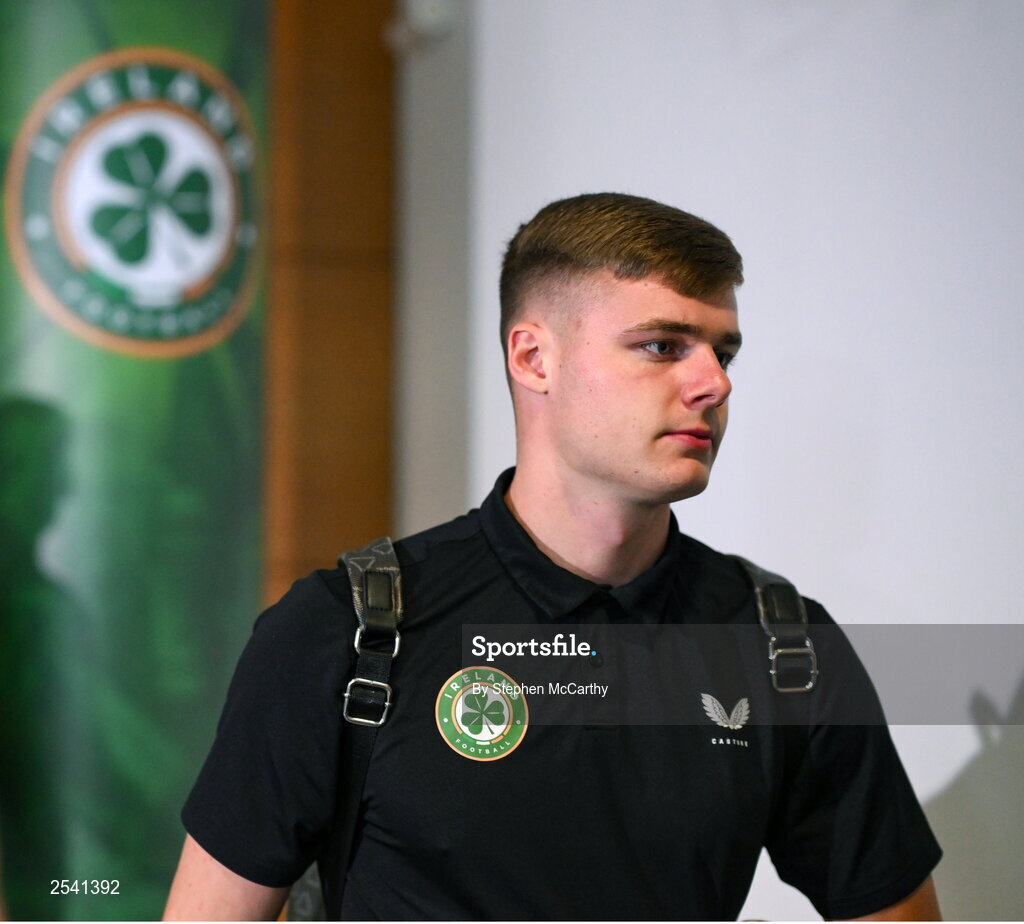 19 June 2023; Evan Ferguson of Republic of Ireland arrives before the UEFA EURO 2024 Championship qualifying group B match between Republic of Ireland and Gibraltar at the Aviva Stadium in Dublin. Photo by Stephen McCarthy/Sportsfile