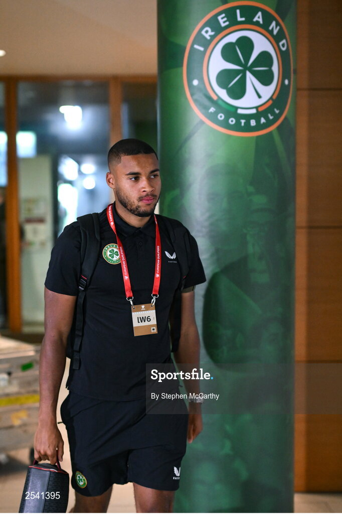 19 June 2023; Republic of Ireland goalkeeper Gavin Bazunu arrives before the UEFA EURO 2024 Championship qualifying group B match between Republic of Ireland and Gibraltar at the Aviva Stadium in Dublin. Photo by Stephen McCarthy/Sportsfile