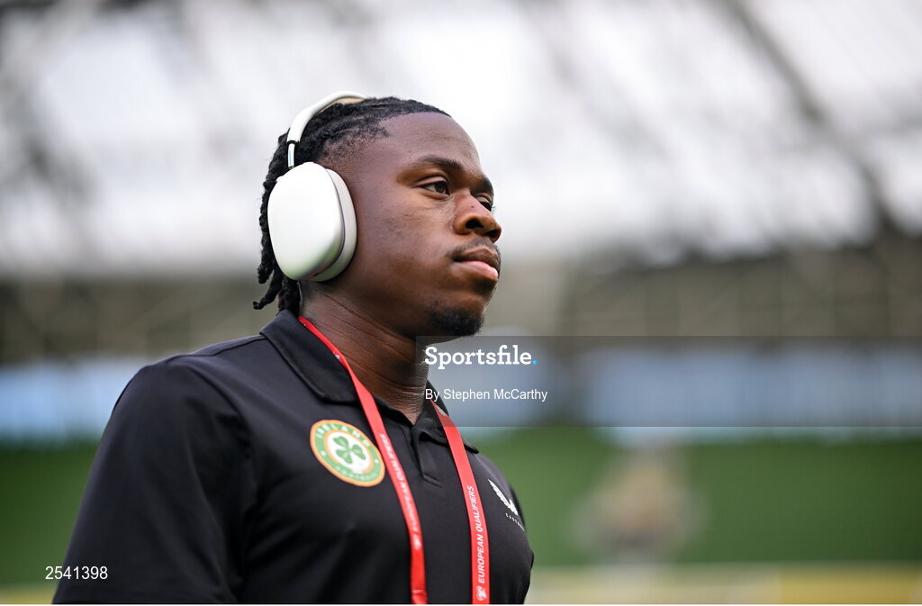 19 June 2023; Michael Obafemi of Republic of Ireland before the UEFA EURO 2024 Championship qualifying group B match between Republic of Ireland and Gibraltar at the Aviva Stadium in Dublin. Photo by Stephen McCarthy/Sportsfile