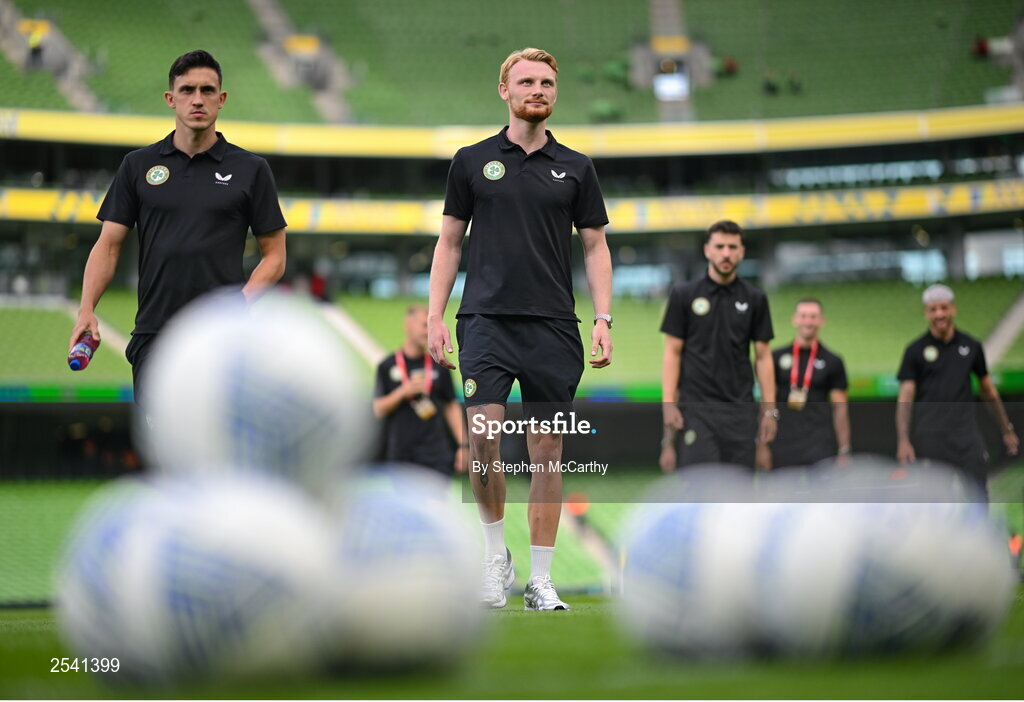 19 June 2023; Liam Scales and Jamie McGrath, left, of Republic of Ireland before the UEFA EURO 2024 Championship qualifying group B match between Republic of Ireland and Gibraltar at the Aviva Stadium in Dublin. Photo by Stephen McCarthy/Sportsfile