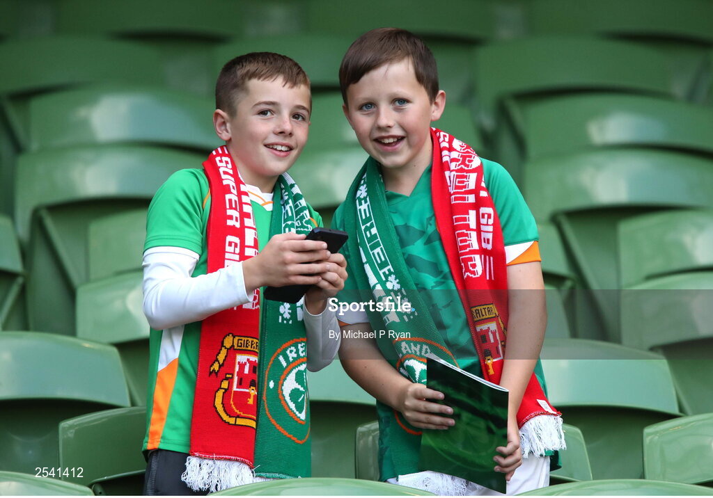 19 June 2023; Republic of Ireland supporters Geordan O'Keeffe, left, and Ryan O'Mahony, from Mallow, Cork, before the UEFA EURO 2024 Championship qualifying group B match between Republic of Ireland and Gibraltar at the Aviva Stadium in Dublin. Photo by Michael P Ryan/Sportsfile