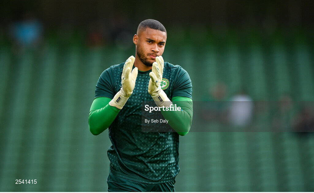 19 June 2023; Republic of Ireland goalkeeper Gavin Bazunu warming up before the UEFA EURO 2024 Championship qualifying group B match between Republic of Ireland and Gibraltar at the Aviva Stadium in Dublin. Photo by Seb Daly/Sportsfile