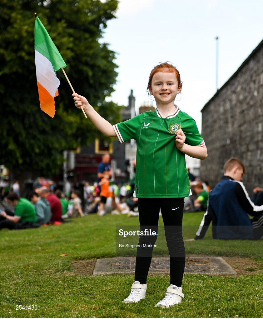 19 June 2023; Amelia Doherty, age 7, from Letterkenny, Donegal, before the UEFA EURO 2024 Championship qualifying group B match between Republic of Ireland and Gibraltar at the Aviva Stadium in Dublin. Photo by Stephen Marken/Sportsfile