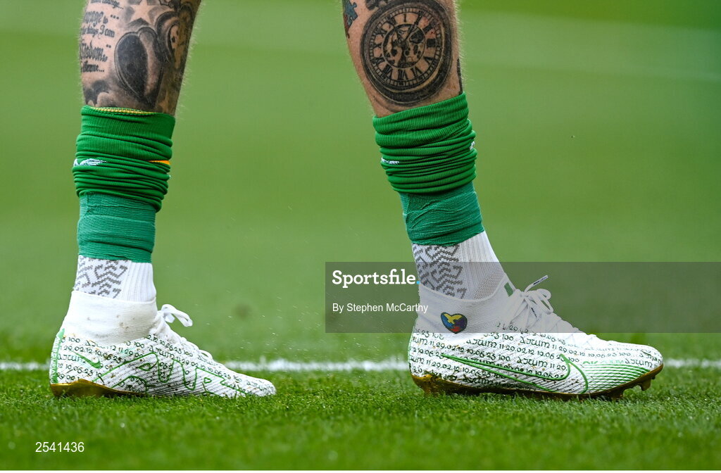 19 June 2023; A detailed view of the boots worn by Republic or Ireland captain James McClean, on the occasion of his 100th international cap before the UEFA EURO 2024 Championship qualifying group B match between Republic of Ireland and Gibraltar at the Aviva Stadium in Dublin. Photo by Stephen McCarthy/Sportsfile