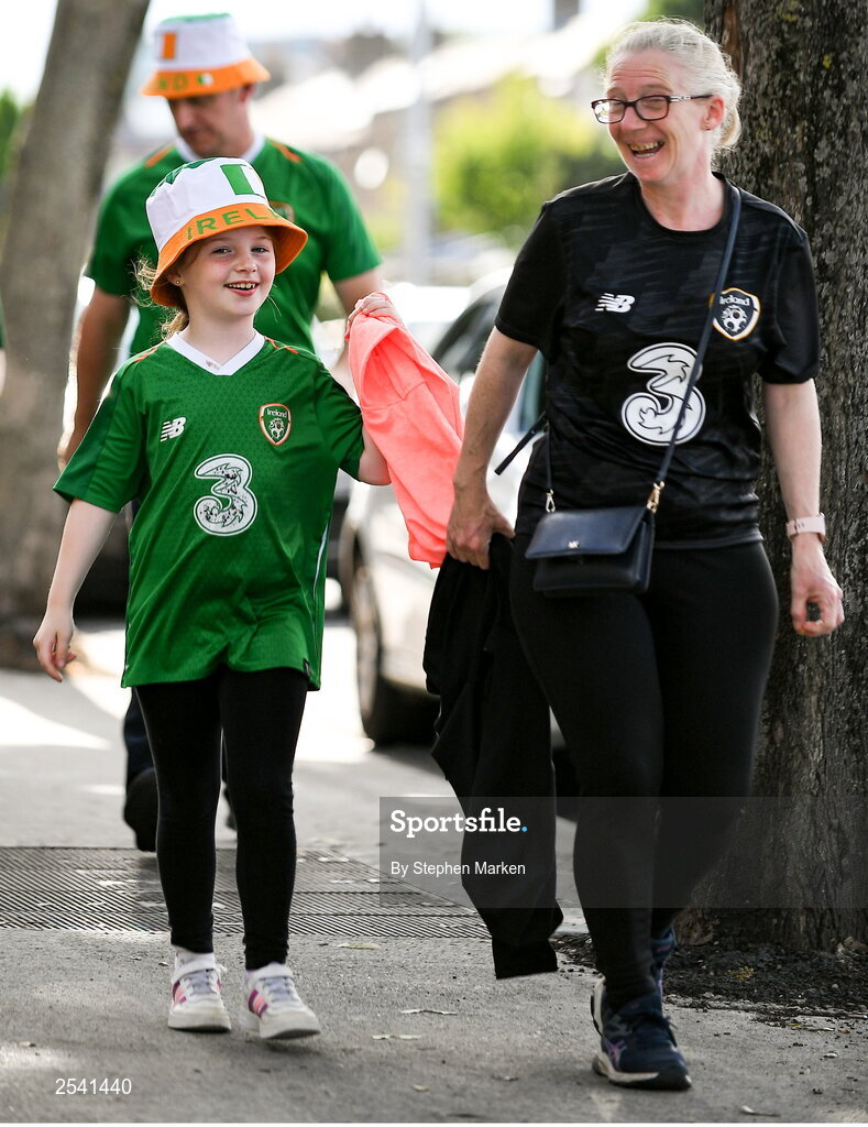 19 June 2023; Ireland supporters, Lorna Mccarthy, age 7, and Brona McNally from Abbeyfeale, Limerick, before the UEFA EURO 2024 Championship qualifying group B match between Republic of Ireland and Gibraltar at the Aviva Stadium in Dublin. Photo by Stephen Marken/Sportsfile