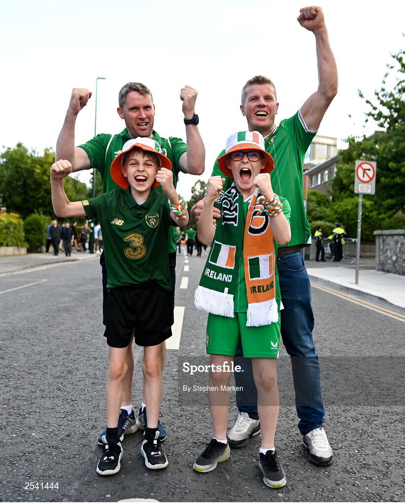 19 June 2023; Back row, from left, David Ross and Trevor McGuinn with, front row, from left, Matthew Ross, age 11, and Oran McGuinn, age, 11, before the UEFA EURO 2024 Championship qualifying group B match between Republic of Ireland and Gibraltar at the Aviva Stadium in Dublin. Photo by Stephen Marken/Sportsfile