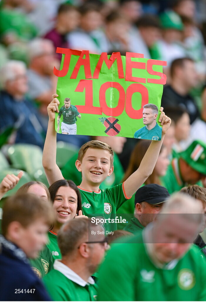 19 June 2023; A Republic of Ireland supporter holds up a sign to celebrate James McClean of Republic of Ireland earning his 100th cap before the UEFA EURO 2024 Championship qualifying group B match between Republic of Ireland and Gibraltar at the Aviva Stadium in Dublin. Photo by Seb Daly/Sportsfile