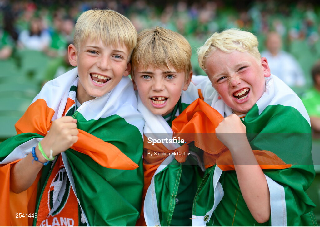 19 June 2023; Republic of Ireland supporters, from left, Harry Duffy, Bobby Duffy, Scott Cunningham from Newcastle, Wicklow, before the UEFA EURO 2024 Championship qualifying group B match between Republic of Ireland and Gibraltar at the Aviva Stadium in Dublin. Photo by Stephen McCarthy/Sportsfile