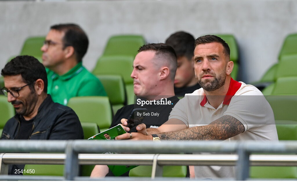 19 June 2023; Republic of Ireland international and Norwich City player Shane Duffy watches from the stand during the UEFA EURO 2024 Championship qualifying group B match between Republic of Ireland and Gibraltar at the Aviva Stadium in Dublin. Photo by Seb Daly/Sportsfile