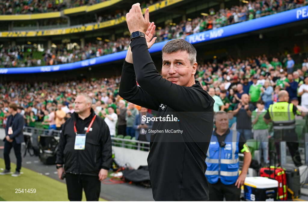 19 June 2023; Republic of Ireland manager Stephen Kenny applauds supporters before the UEFA EURO 2024 Championship qualifying group B match between Republic of Ireland and Gibraltar at the Aviva Stadium in Dublin. Photo by Stephen McCarthy/Sportsfile