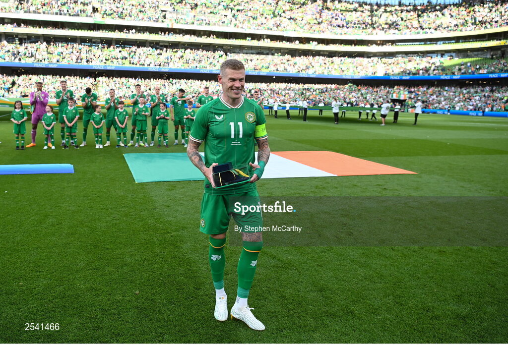 19 June 2023; Republic of Ireland captain James McClean after receiving his medal and 100th cap before the UEFA EURO 2024 Championship qualifying group B match between Republic of Ireland and Gibraltar at the Aviva Stadium in Dublin. Photo by Stephen McCarthy/Sportsfile