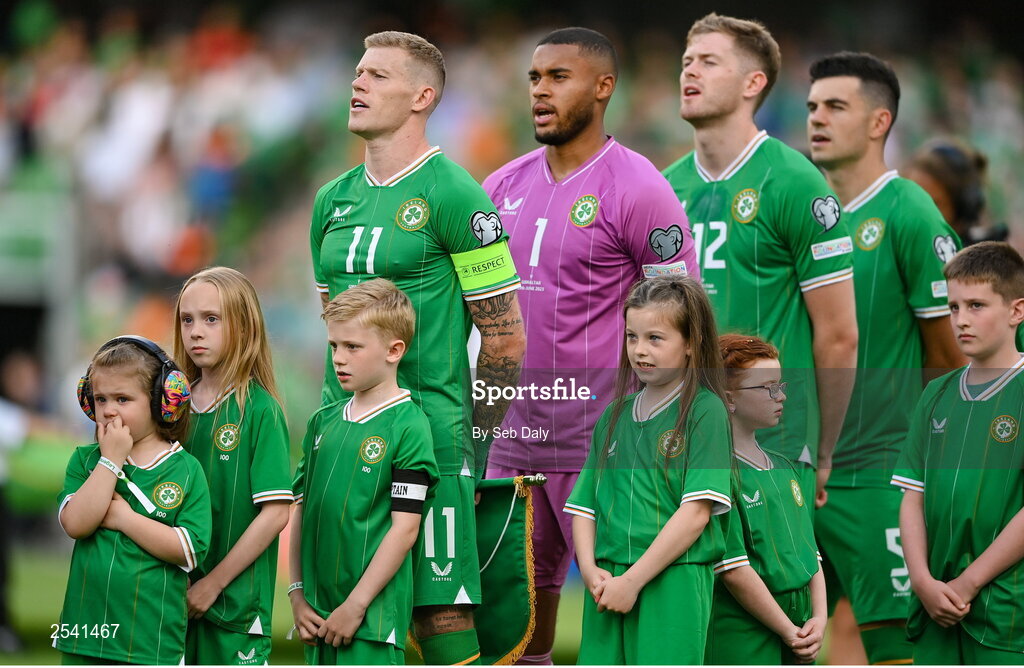 19 June 2023; James McClean of Republic of Ireland, left, with his children Junior James, Allie Mae and Willow Ivy before the UEFA EURO 2024 Championship qualifying group B match between Republic of Ireland and Gibraltar at the Aviva Stadium in Dublin. Photo by Seb Daly/Sportsfile