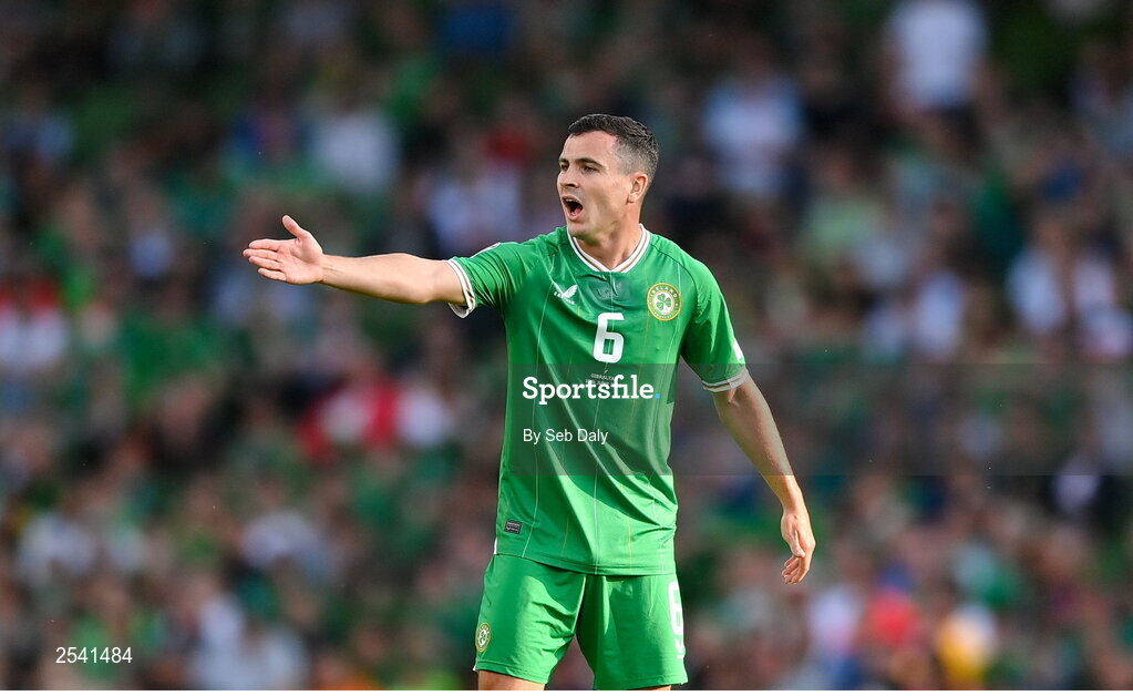 19 June 2023; Josh Cullen of Republic of Ireland during the UEFA EURO 2024 Championship qualifying group B match between Republic of Ireland and Gibraltar at the Aviva Stadium in Dublin. Photo by Seb Daly/Sportsfile