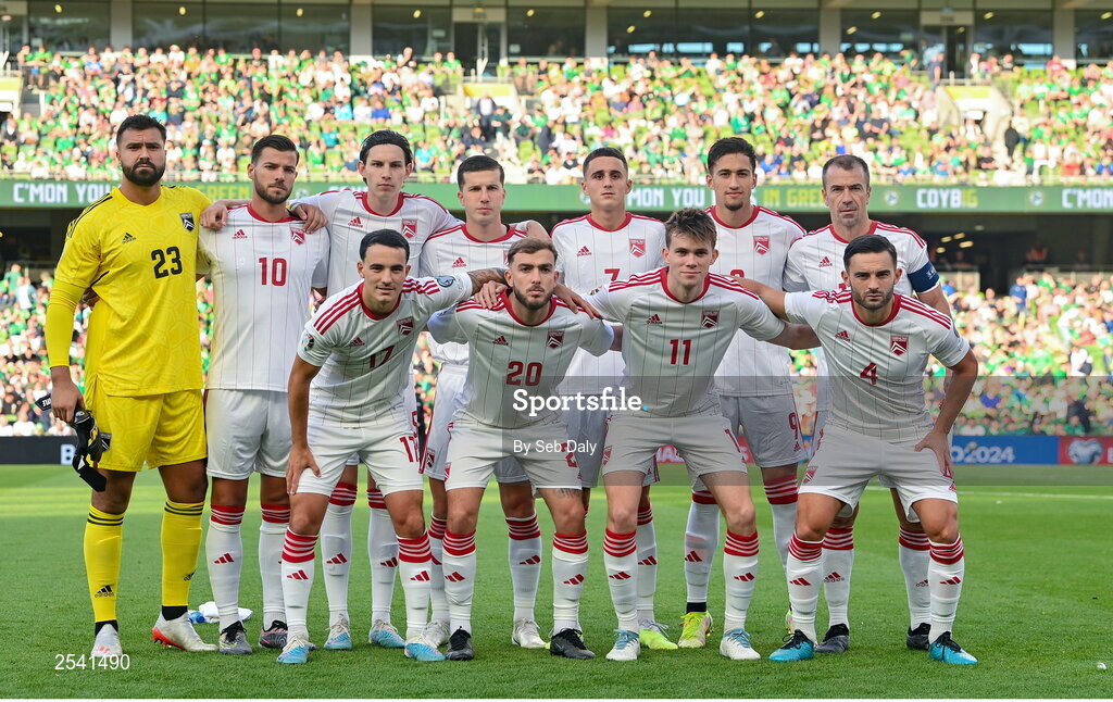 19 June 2023; Gibraltar players stand for the team picture before the UEFA EURO 2024 Championship qualifying group B match between Republic of Ireland and Gibraltar at the Aviva Stadium in Dublin. Photo by Seb Daly/Sportsfile