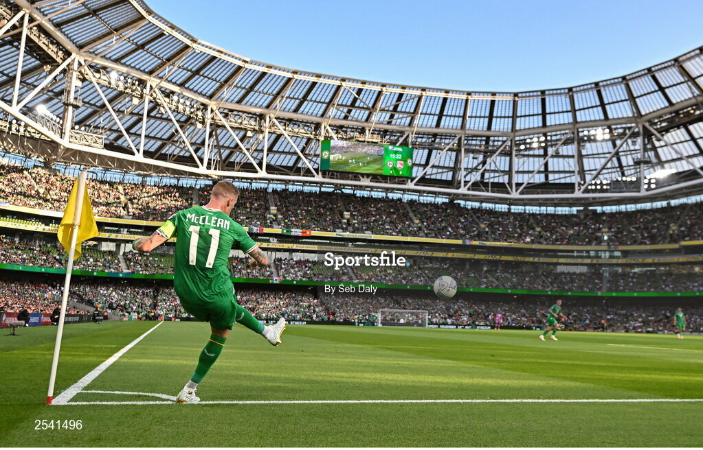 19 June 2023; James McClean of Republic of Ireland takes a corner for his side during the UEFA EURO 2024 Championship qualifying group B match between Republic of Ireland and Gibraltar at the Aviva Stadium in Dublin.