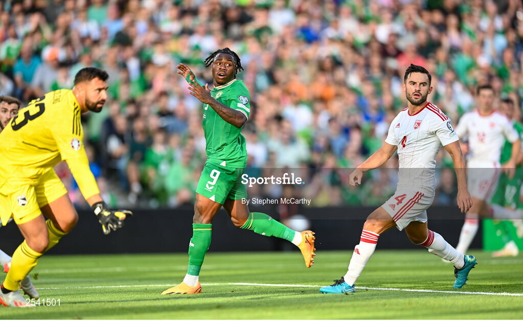 19 June 2023; Michael Obafemi of Republic of Ireland reacts to a missed opportunity on goal during the UEFA EURO 2024 Championship qualifying group B match between Republic of Ireland and Gibraltar at the Aviva Stadium in Dublin. Photo by Stephen McCarthy/Sportsfile