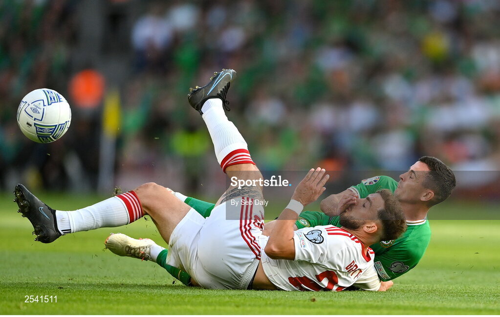 19 June 2023; Josh Cullen of Republic of Ireland in action against Ethan Britto of Gibraltar during the UEFA EURO 2024 Championship qualifying group B match between Republic of Ireland and Gibraltar at the Aviva Stadium in Dublin. Photo by Seb Daly/Sportsfile