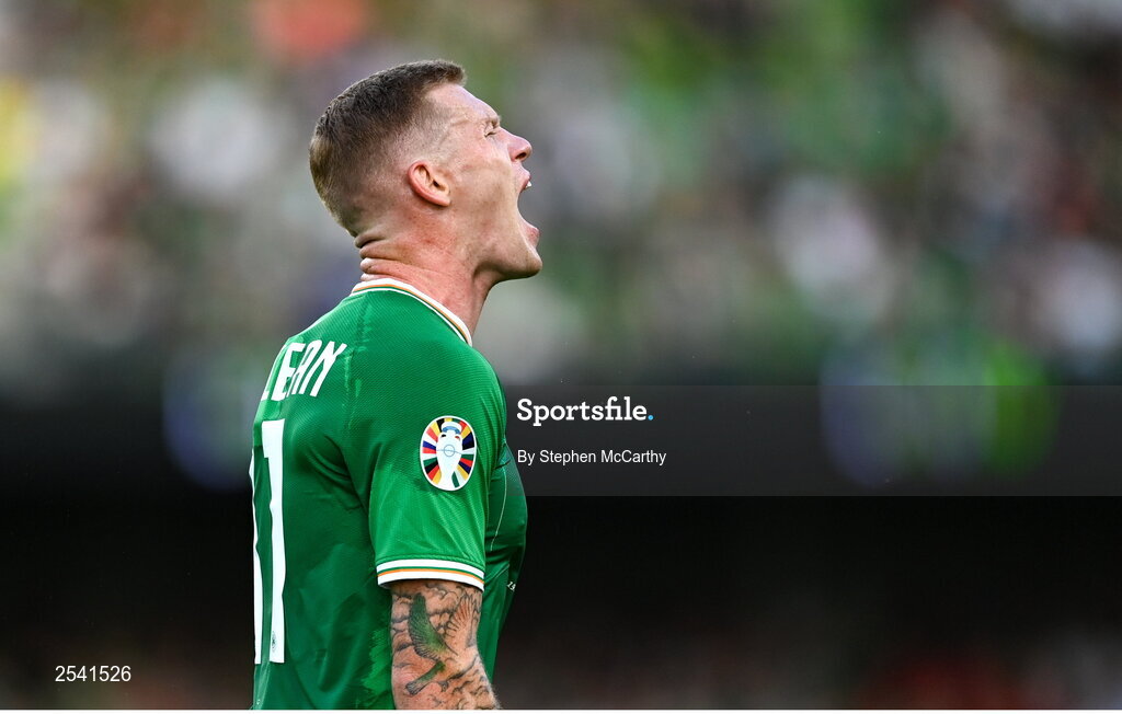 19 June 2023; James McClean of Republic of Ireland reacts to a missed oppertunity during the UEFA EURO 2024 Championship qualifying group B match between Republic of Ireland and Gibraltar at the Aviva Stadium in Dublin. Photo by Stephen McCarthy/Sportsfile