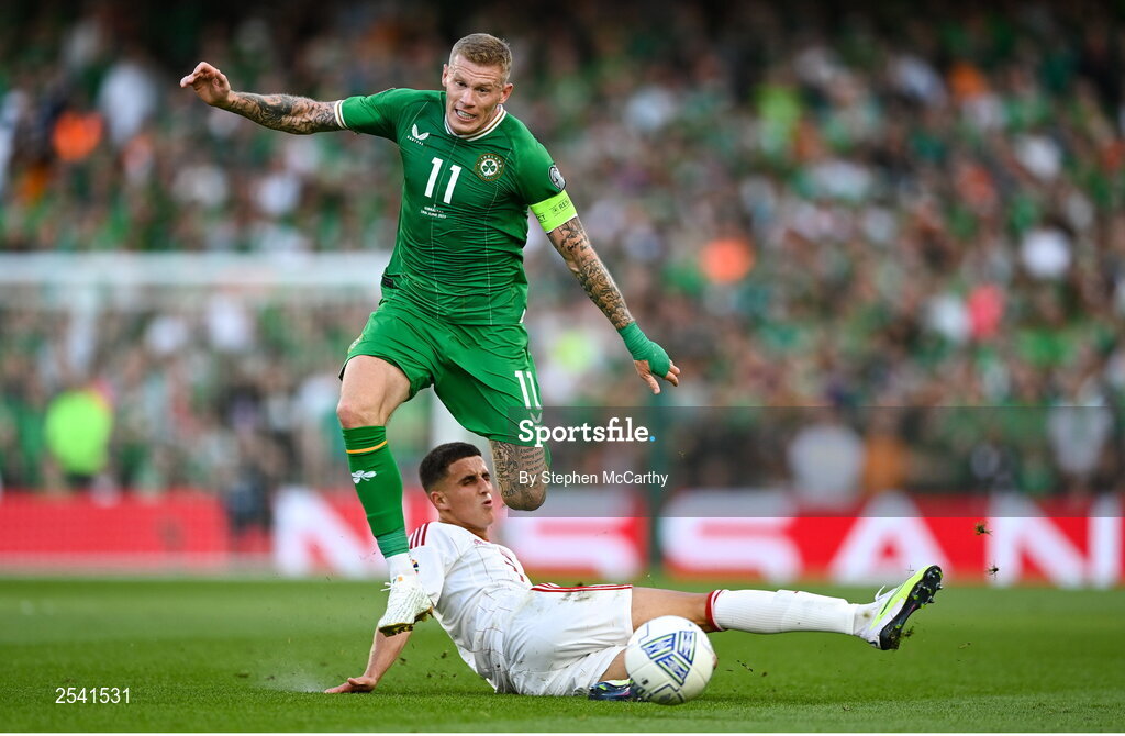 19 June 2023; James McClean of Republic of Ireland in action against Mohamed Badr of Gibraltar during the UEFA EURO 2024 Championship qualifying group B match between Republic of Ireland and Gibraltar at the Aviva Stadium in Dublin. Photo by Stephen McCarthy/Sportsfile
