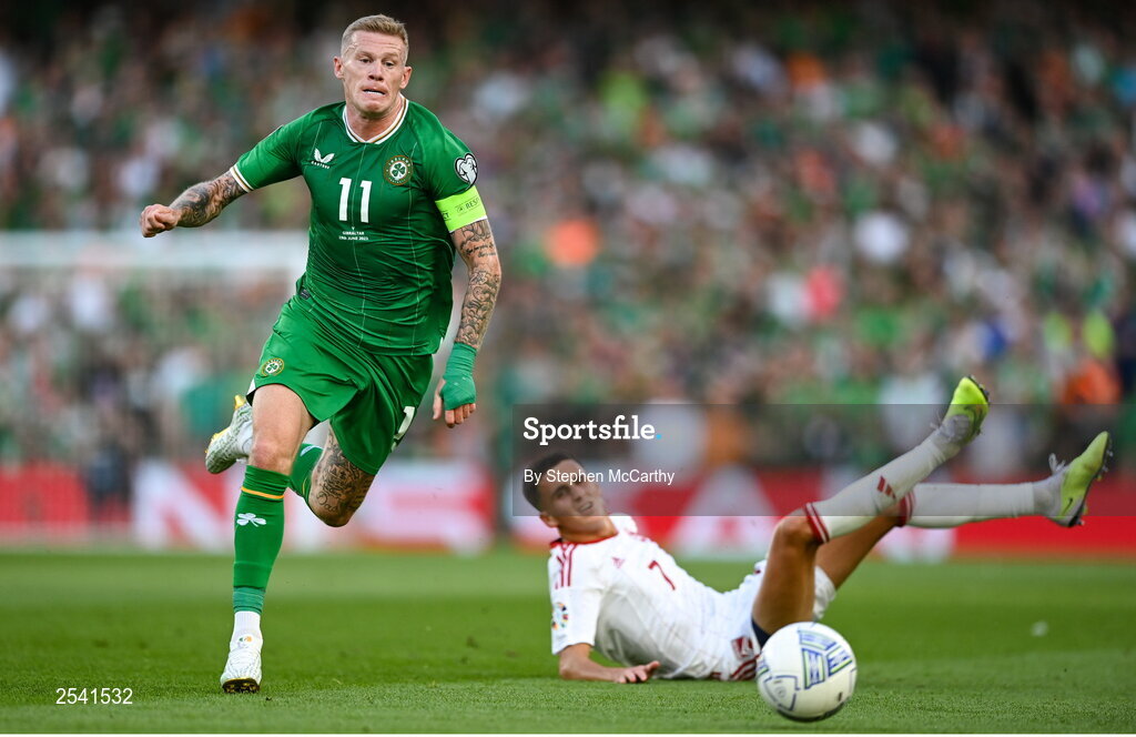 19 June 2023; James McClean of Republic of Ireland in action against Mohamed Badr of Gibraltar during the UEFA EURO 2024 Championship qualifying group B match between Republic of Ireland and Gibraltar at the Aviva Stadium in Dublin. Photo by Stephen McCarthy/Sportsfile
