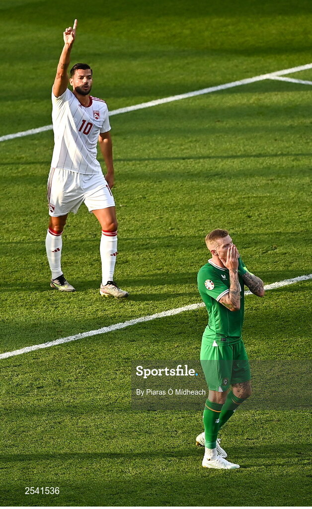 19 June 2023; James McClean of Republic of Ireland reacts to a missed opportunity during the UEFA EURO 2024 Championship qualifying group B match between Republic of Ireland and Gibraltar at the Aviva Stadium in Dublin. Photo by Piaras Ó Mídheach/Sportsfile