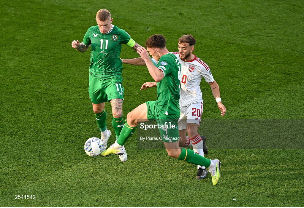 19 June 2023; Dara O'Shea of Republic of Ireland in action against Ethan Britto of Gibraltar during the UEFA EURO 2024 Championship qualifying group B match between Republic of Ireland and Gibraltar at the Aviva Stadium in Dublin. Photo by Piaras Ó Mídheach/Sportsfile