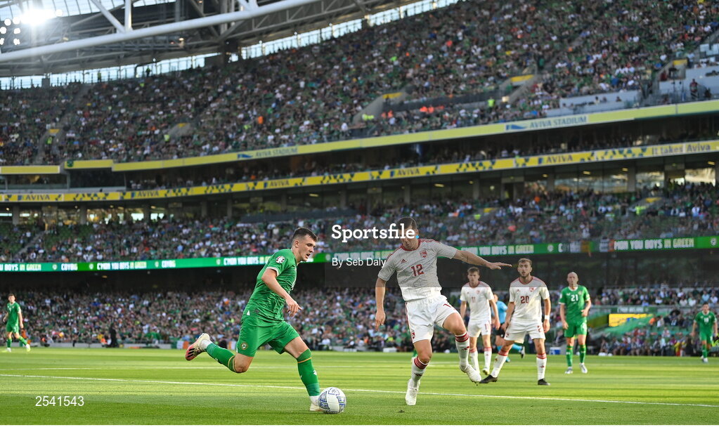 19 June 2023; Jason Knight of Republic of Ireland in action against Jayce Olivero of Gibraltar during the UEFA EURO 2024 Championship qualifying group B match between Republic of Ireland and Gibraltar at the Aviva Stadium in Dublin. Photo by Seb Daly/Sportsfile