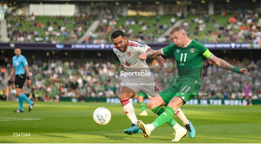 19 June 2023; James McClean of Republic of Ireland in action against John Sergeant of Gibraltar during the UEFA EURO 2024 Championship qualifying group B match between Republic of Ireland and Gibraltar at the Aviva Stadium in Dublin. Photo by Stephen McCarthy/Sportsfile