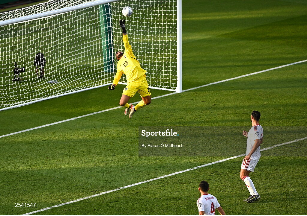 19 June 2023; Gibraltar goalkeeper Dayle Coleing saves a shot from Jamie McGrath of Republic of Ireland, not pictured, in the first half of the UEFA EURO 2024 Championship qualifying group B match between Republic of Ireland and Gibraltar at the Aviva Stadium in Dublin. Photo by Piaras Ó Mídheach/Sportsfile