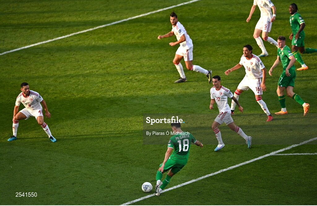 19 June 2023; Jamie McGrath of Republic of Ireland takes a shot on goal late in the first half during the UEFA EURO 2024 Championship qualifying group B match between Republic of Ireland and Gibraltar at the Aviva Stadium in Dublin. Photo by Piaras Ó Mídheach/Sportsfile