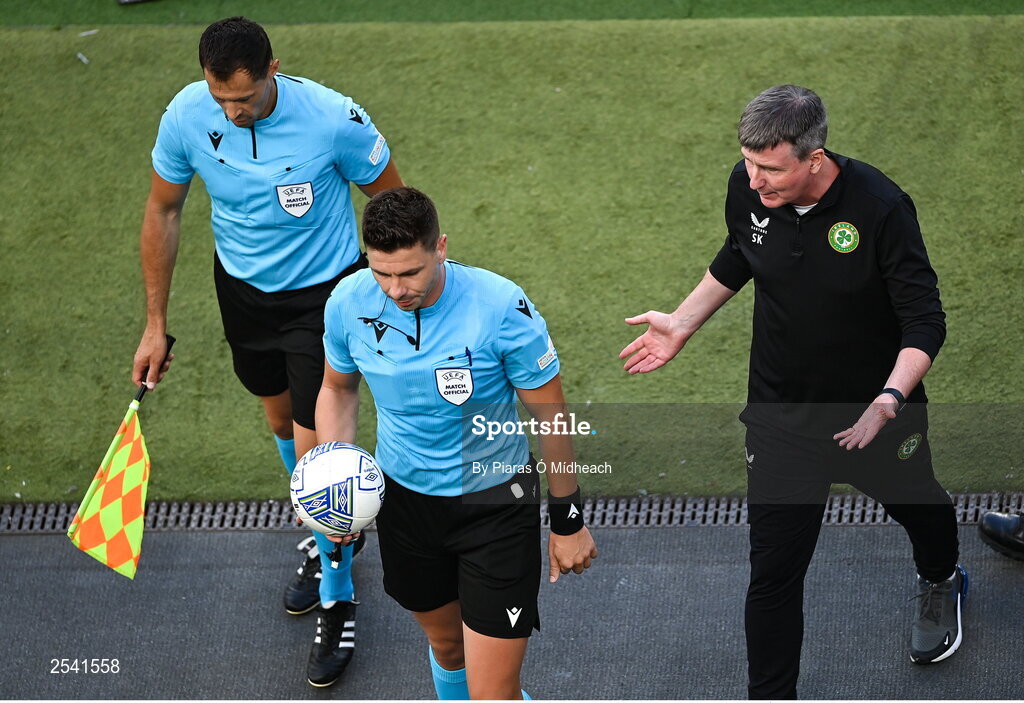 19 June 2023; Republic of Ireland manager Stephen Kenny with referee Marian Alexandru Barbu at half-time during the UEFA EURO 2024 Championship qualifying group B match between Republic of Ireland and Gibraltar at the Aviva Stadium in Dublin. Photo by Piaras Ó Mídheach/Sportsfile