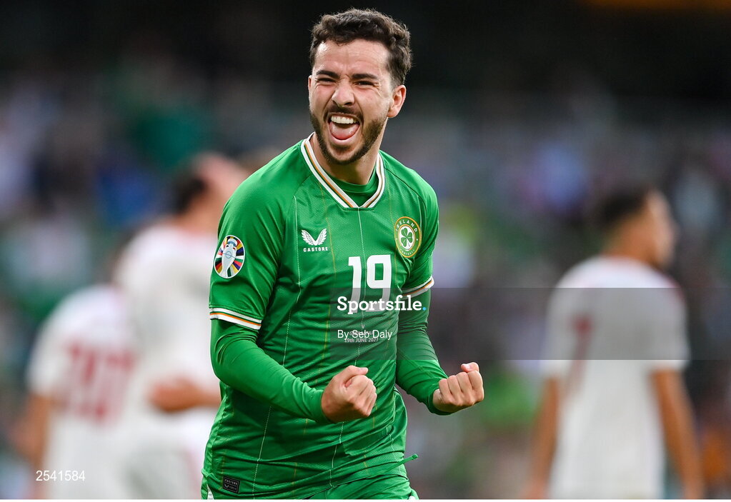 19 June 2023; Mikey Johnston of Republic of Ireland celebrates after scoring his side's first goal during the UEFA EURO 2024 Championship qualifying group B match between Republic of Ireland and Gibraltar at the Aviva Stadium in Dublin. Photo by Seb Daly/Sportsfile