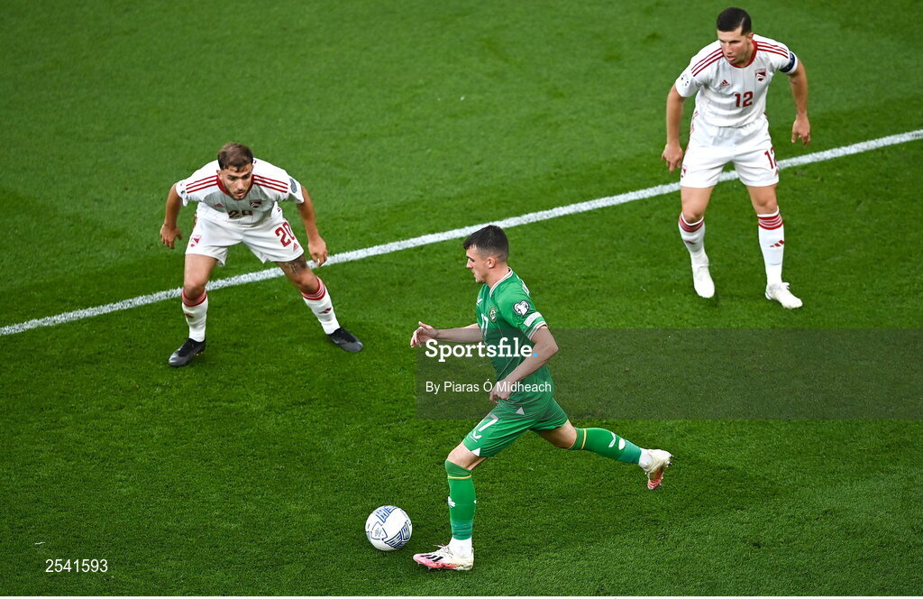 19 June 2023; Jason Knight of Republic of Ireland in action during the UEFA EURO 2024 Championship qualifying group B match between Republic of Ireland and Gibraltar at the Aviva Stadium in Dublin. Photo by Piaras Ó Mídheach/Sportsfile