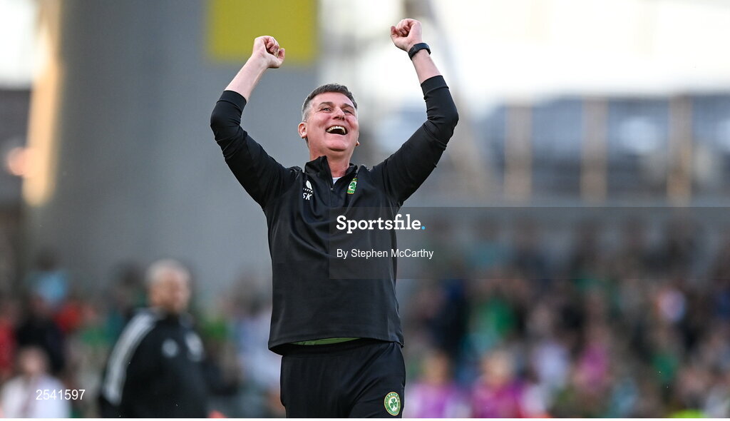 19 June 2023; Republic of Ireland manager Stephen Kenny celebrates after Evan Ferguson of Republic of Ireland scored his side's second goal during the UEFA EURO 2024 Championship qualifying group B match between Republic of Ireland and Gibraltar at the Aviva Stadium in Dublin. Photo by Stephen McCarthy/Sportsfile