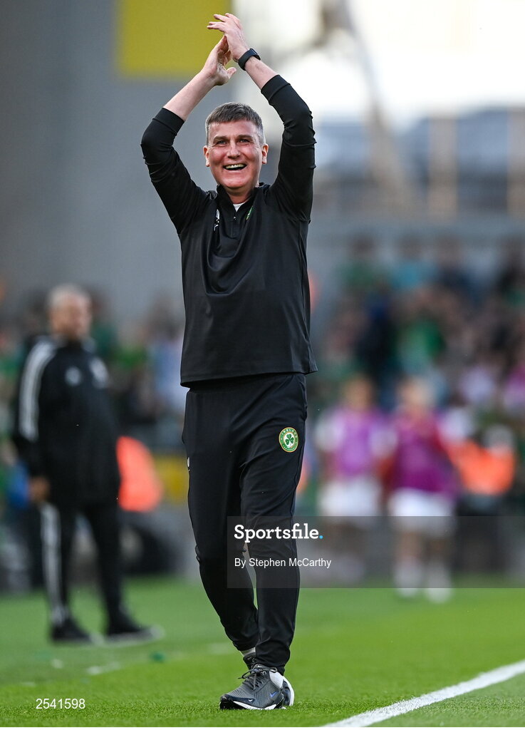 19 June 2023; Republic of Ireland manager Stephen Kenny celebrates after Evan Ferguson of Republic of Ireland scored his side's second goal during the UEFA EURO 2024 Championship qualifying group B match between Republic of Ireland and Gibraltar at the Aviva Stadium in Dublin. Photo by Stephen McCarthy/Sportsfile