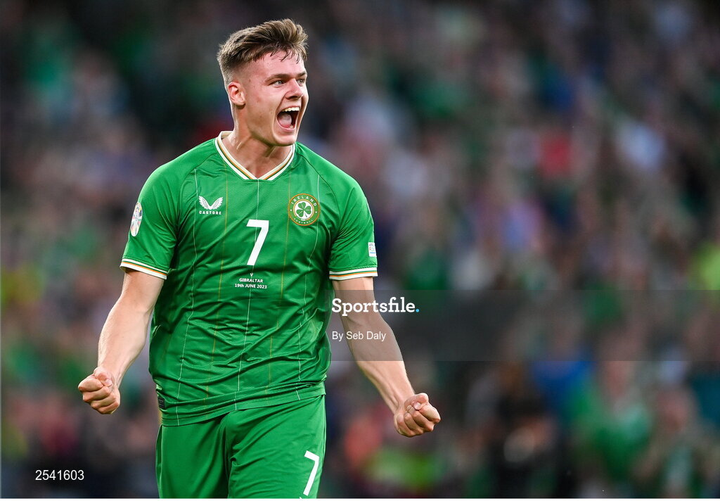 19 June 2023; Evan Ferguson of Republic of Ireland celebrates after scoring his side's second goal during the UEFA EURO 2024 Championship qualifying group B match between Republic of Ireland and Gibraltar at the Aviva Stadium in Dublin. Photo by Seb Daly/Sportsfile