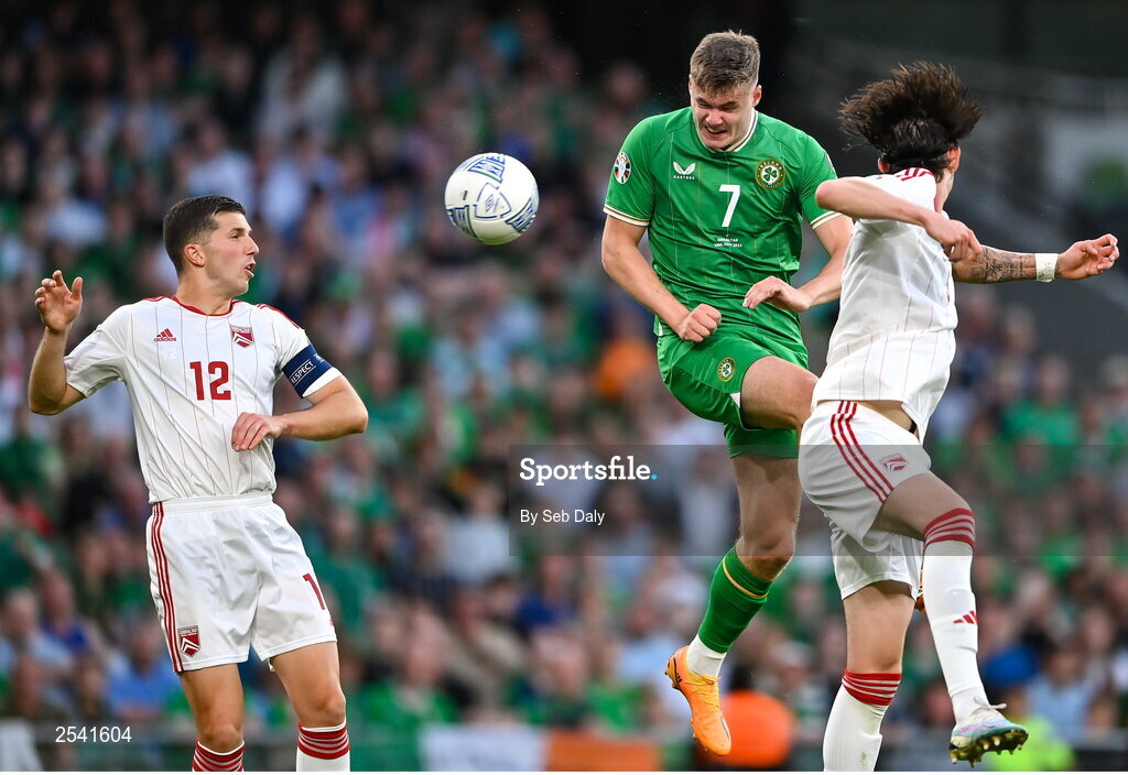 19 June 2023; Evan Ferguson of Republic of Ireland scores his side's second goal during the UEFA EURO 2024 Championship qualifying group B match between Republic of Ireland and Gibraltar at the Aviva Stadium in Dublin. Photo by Seb Daly/Sportsfile