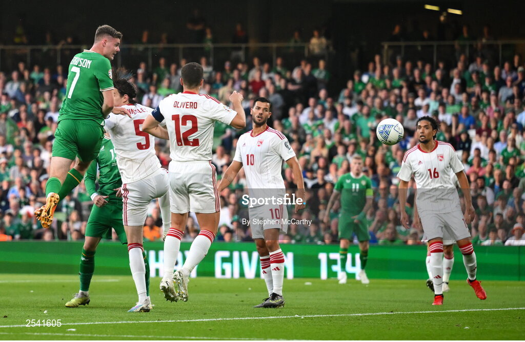 19 June 2023; Evan Ferguson of Republic of Ireland scores his side's second goal during the UEFA EURO 2024 Championship qualifying group B match between Republic of Ireland and Gibraltar at the Aviva Stadium in Dublin. Photo by Stephen McCarthy/Sportsfile