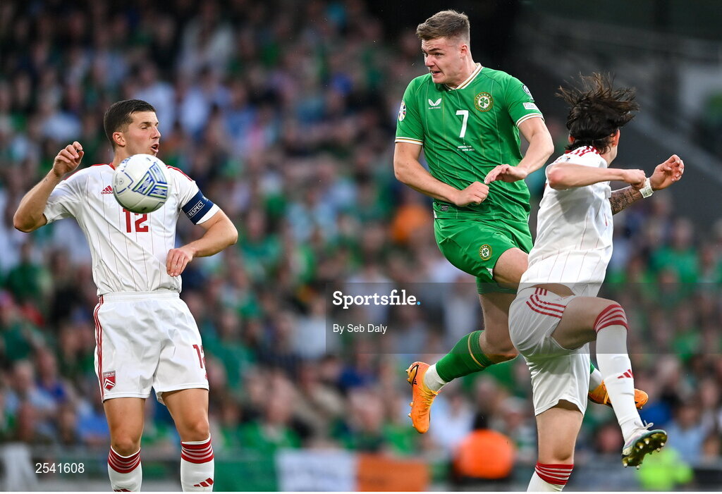 19 June 2023; Evan Ferguson of Republic of Ireland scores his side's second goal during the UEFA EURO 2024 Championship qualifying group B match between Republic of Ireland and Gibraltar at the Aviva Stadium in Dublin. Photo by Seb Daly/Sportsfile