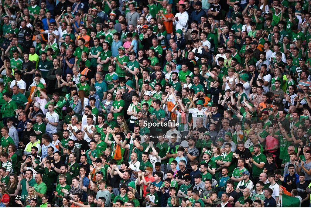 19 June 2023; Republic of Ireland supporters celebrate after Evan Ferguson of Republic of Ireland scored his side's second goal during the UEFA EURO 2024 Championship qualifying group B match between Republic of Ireland and Gibraltar at the Aviva Stadium in Dublin. Photo by Piaras Ó Mídheach/Sportsfile