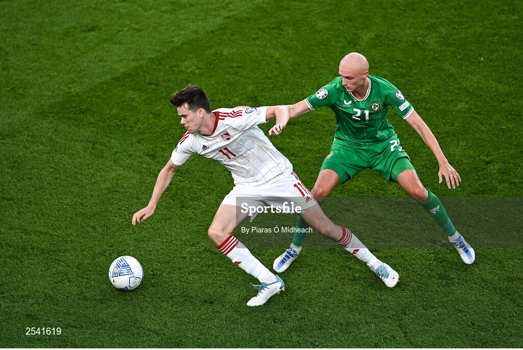 19 June 2023; Niels Hartman of Gibraltar in action against Will Smallbone of Republic of Ireland during the UEFA EURO 2024 Championship qualifying group B match between Republic of Ireland and Gibraltar at the Aviva Stadium in Dublin. Photo by Piaras Ó Mídheach/Sportsfile