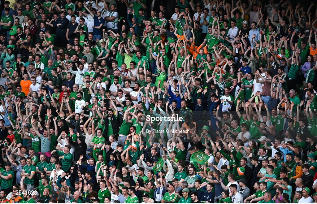 19 June 2023; Republic of Ireland supporters performing a Mexican Wave during the UEFA EURO 2024 Championship qualifying group B match between Republic of Ireland and Gibraltar at the Aviva Stadium in Dublin. Photo by Piaras Ó Mídheach/Sportsfile
